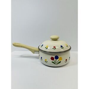 Vintage Tulip Tyme Saucepan Pot w Lid 1985 JMP Spain Enamel Cookware See Photos